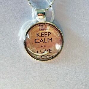 KEEP CALM AND LOVE DOGS PENDANT NECKLACE, HANDMADE, GLASS DOME ON METAL, 23 INCH